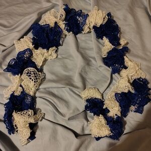 Handcrafted Ruffle Scarf in Navy Blue and White with Sparkles